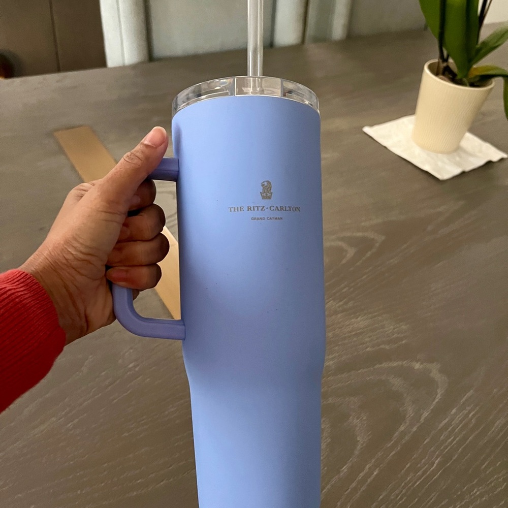 Corkcicle Tumbler with Straw, with the Ritz-Carlton Grand Cayman logo.